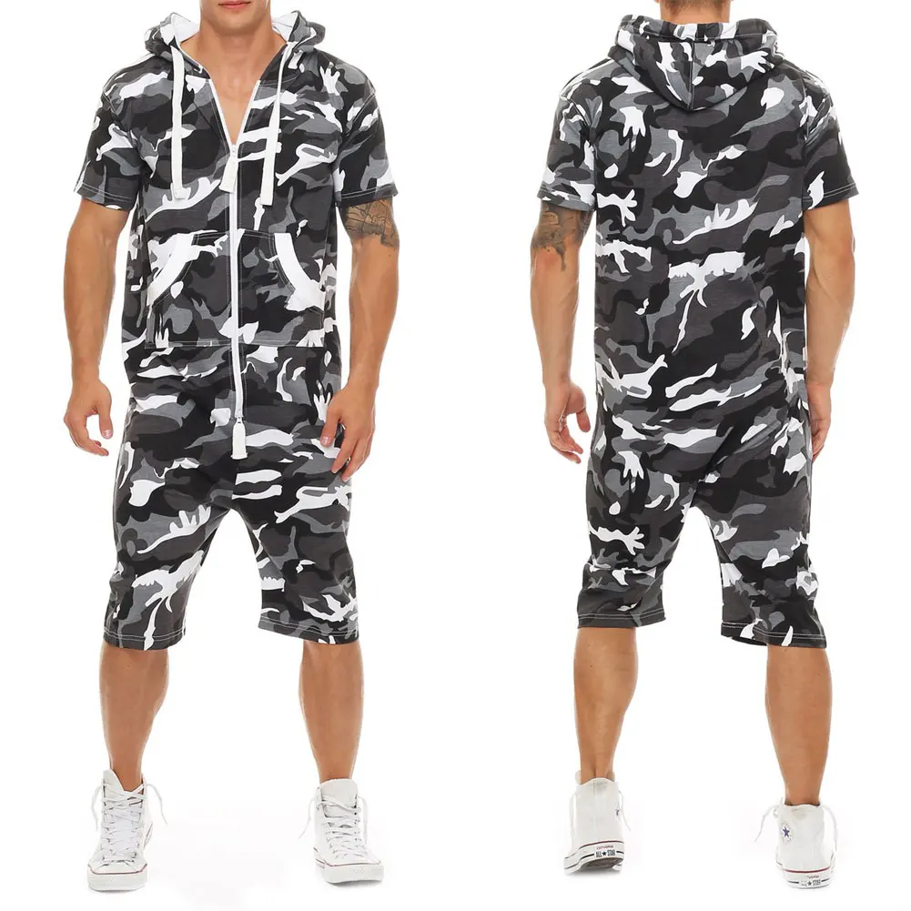 HIRIGIN Stylish Men Short Sleeve Romper Casual Jumpsuit Hooded One Piece Playsuits Wear Sets