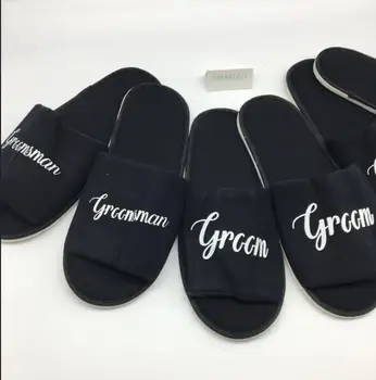 

personalize language black Wedding groom Slippers, Bride Slippers, Groomsman Slippers custom Print shoes birthday slippers