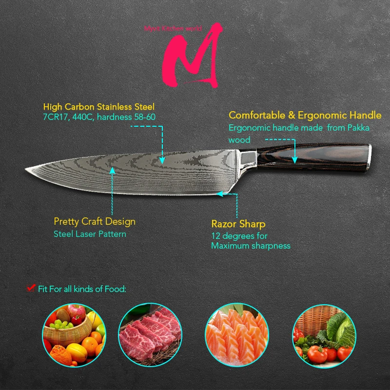 Kitchen knife Chef Knives Japanese 7CR17 440C High Carbon Stainless Steel Imitation Damascus Sanding Laser Knife Dropship