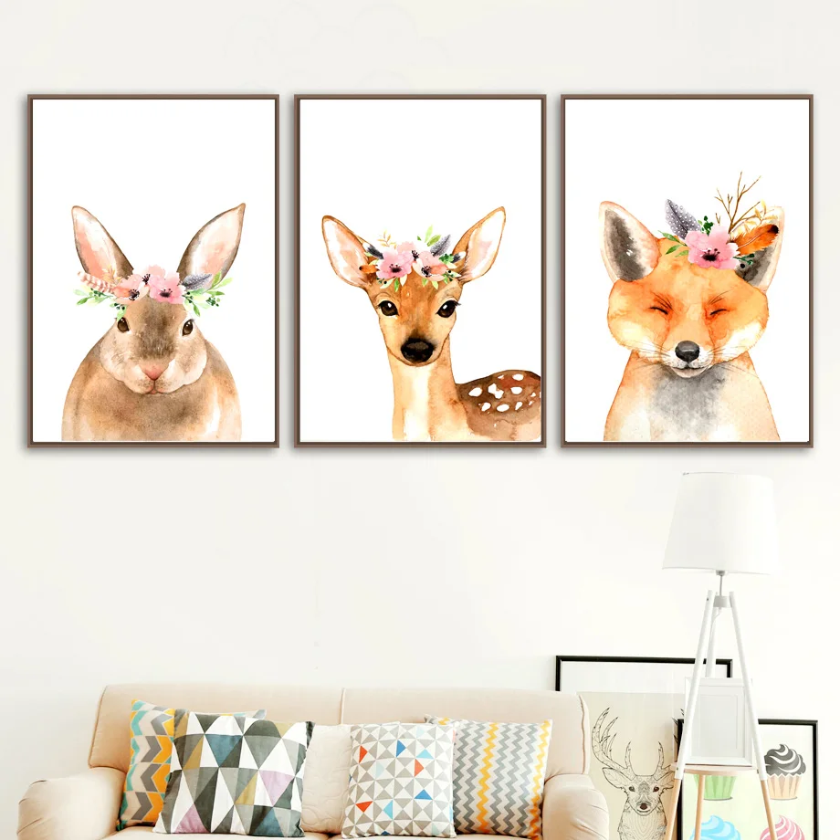 

Watercolor Bunny Rabbit Deer Fox Animal Print Nursery Wall Art Canvas Painting Nordic Posters And Prints Wall Pictures kids Room