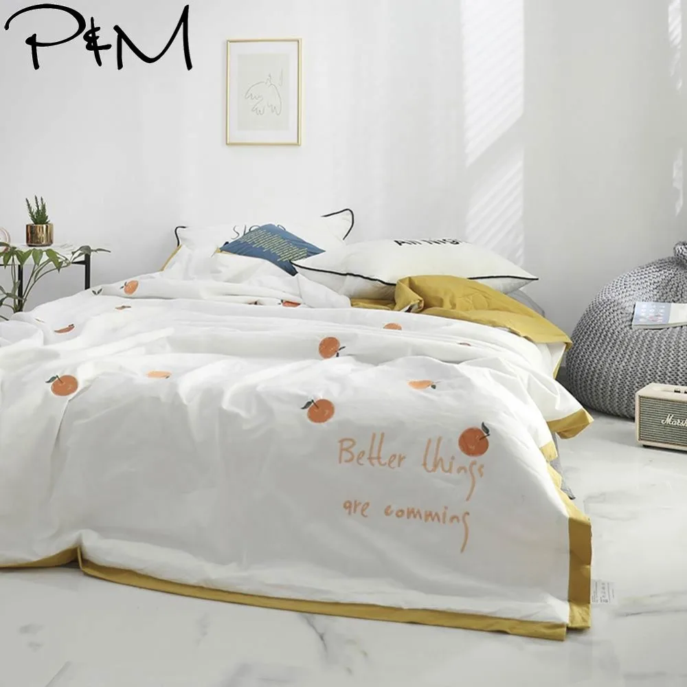 

2019 Orange Fruit White Air-condition Thin Summer Quilt Embroidery Comforter Washed Cotton Fabric Queen Size