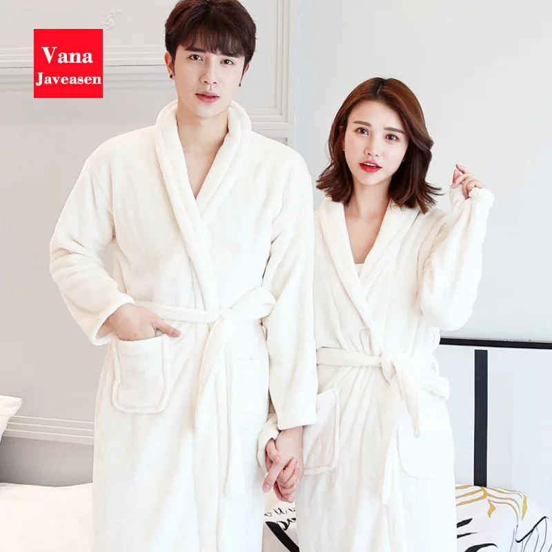 

Vana Javeasen Coral Fleece Women Men Bathrobe Pajamas Thicken Warm Autumn Winter Home Couple Sleepwear Turndown Collar Robes