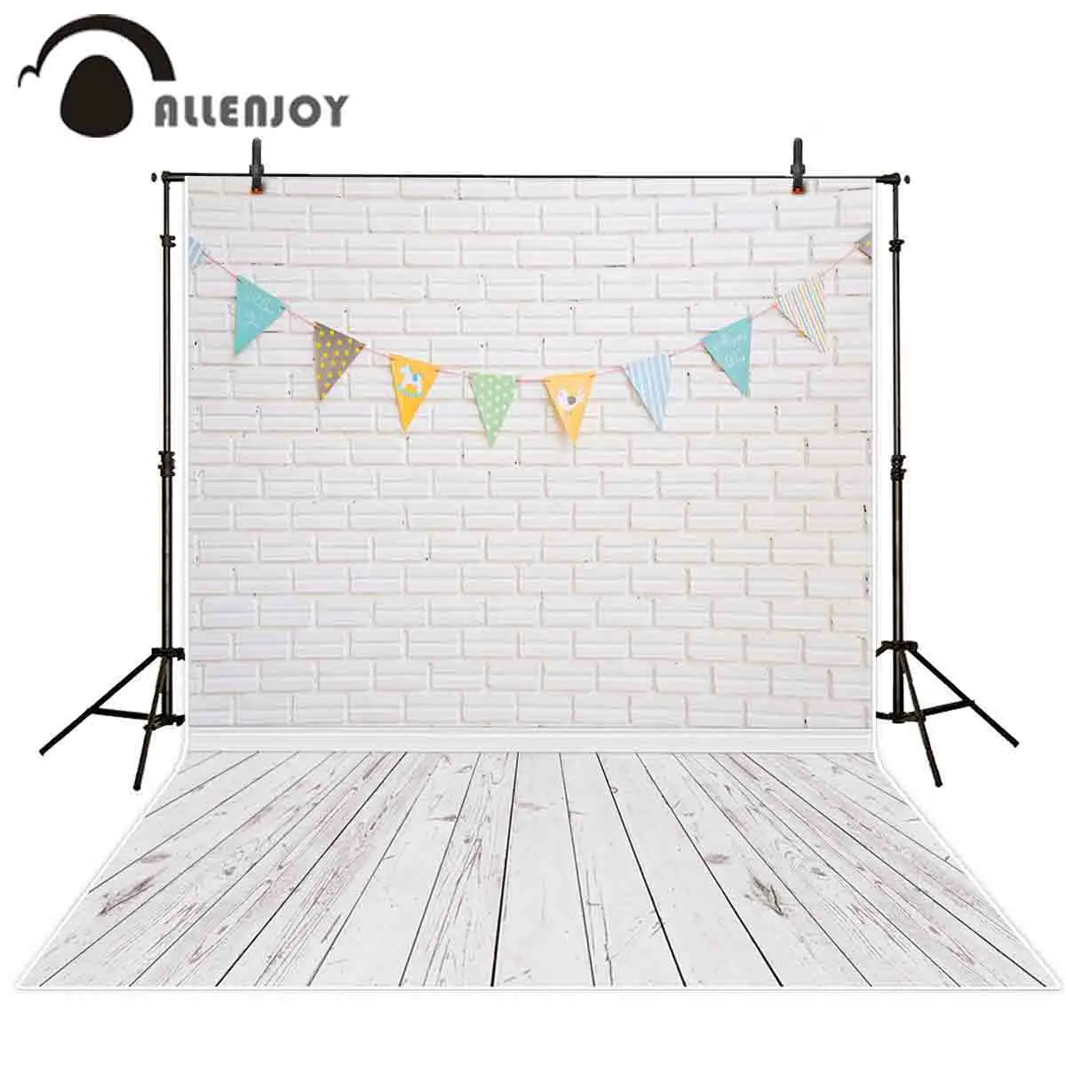 

Allenjoy photography backdrop white brick wall bunting flags child birthday photographic background photophone photocall shoot