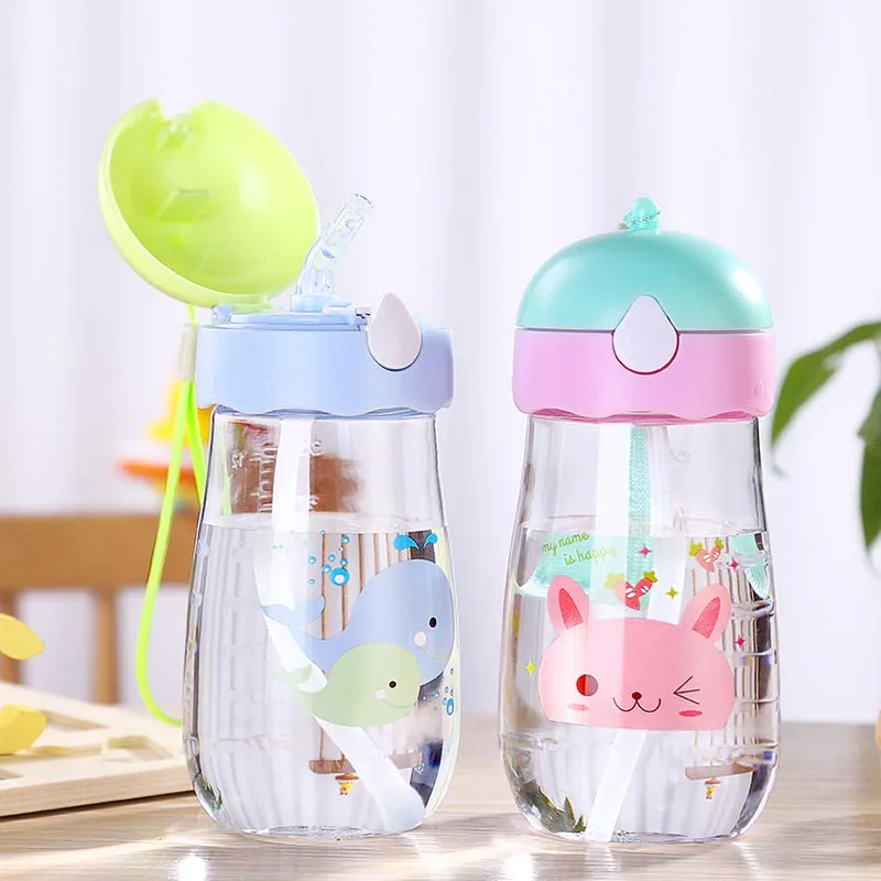 Children Water Drinking Bottle Kids Drinking Cartoon Cup Eco-Friendly Cup Plastic Straw Bottle Kindergarten Handy Cup 380ml