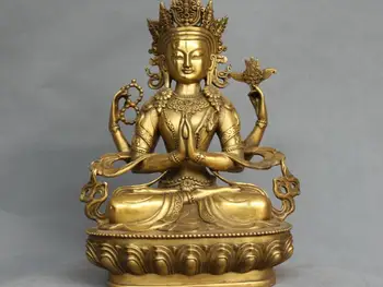 

12'' China Tibet Bronze 4 Arms Kwan-yin Chenrizg Buddha Statue