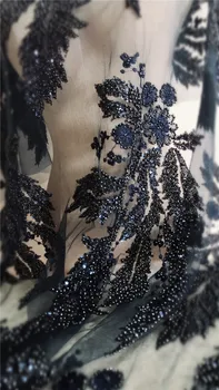 

Navy Blue Beading Wedding Lace Fabric One Yard,Hand Sewing Bead Super Delicate French Lace Heavy Embroidery Florals with Sequin