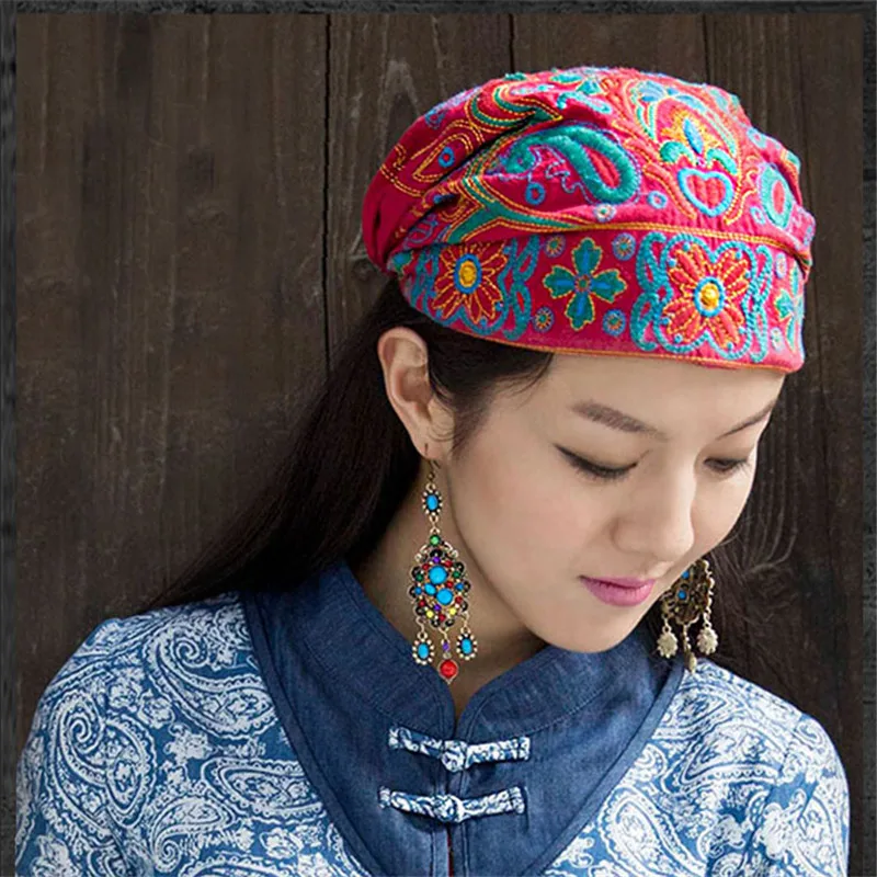 

Mexican Style Spring Autumn Ethnic Vintage Embroidery Flowers Bandanas Red Blue Print Hat Travel Caps Headscarves