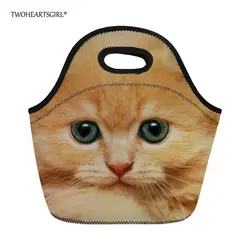 Twoheartsgirl Уникальный 3d животное кошка печати обед мешок неопрен Tote Lunch Box для женщин дети тепловой женские Ужин еда сумки