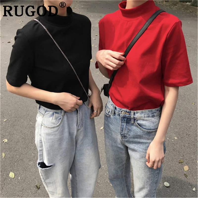 Женские футболки с высоким воротником RUGOD красные коротким рукавом в Корейском