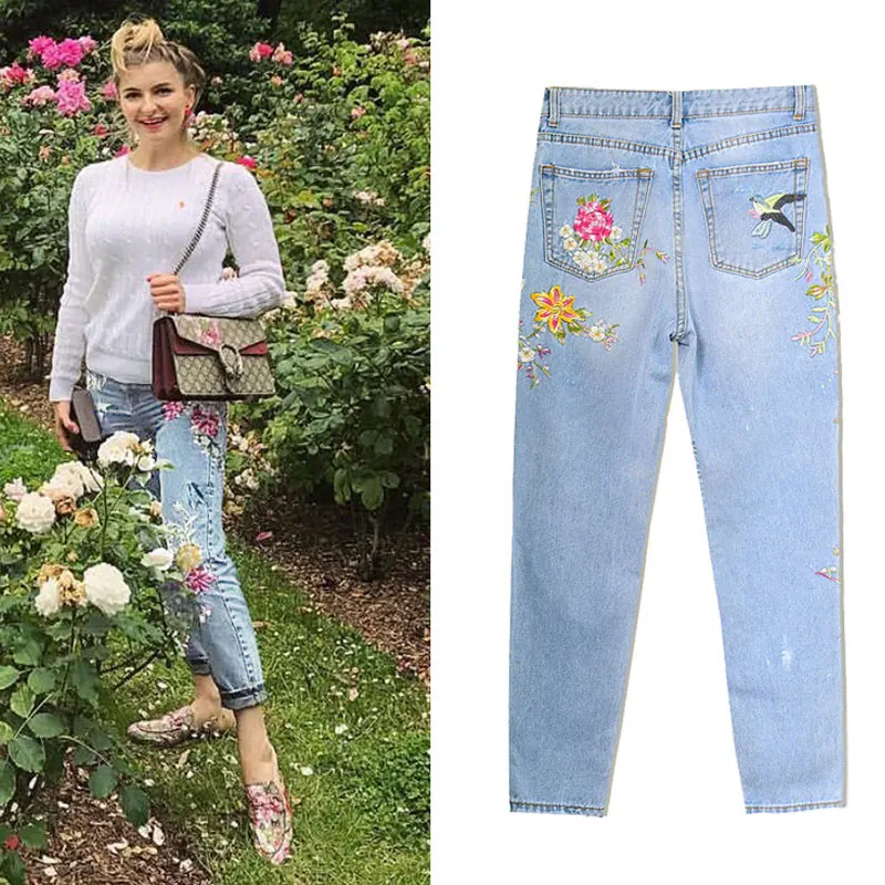 Женские рваные джинсы с цветочной вышивкой высокой талией на осень 2019|women jeans