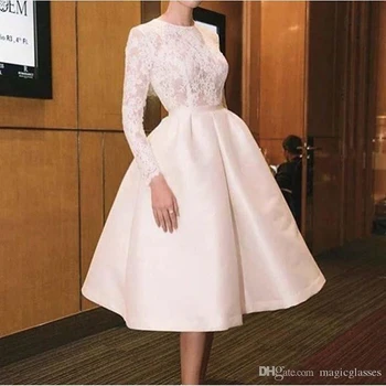 

White Short Wedding Dresses With Long Sleeves Jewel Neck Satin Bridal Gowns Summer Cheap Women Wedding Gowns Wear