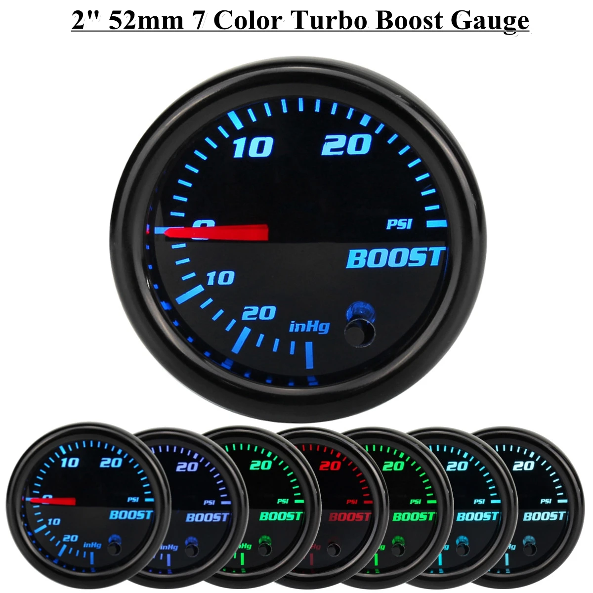 12V 2inch 52mm Turbo Boost PSI Gauge Vacuum Press Meter 0 30PSI 7 Color