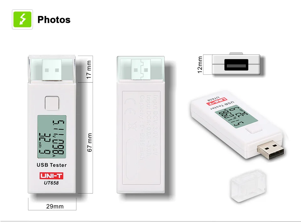UNI-T UT658 USB цифровой тестеры напряжения тока U диск доктор Вольтметр для зарядного устройства амметр емкость Макс 9 В для хранения данных подсветка
