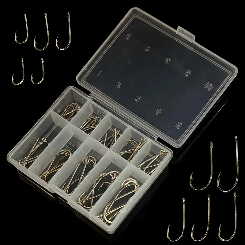 

50pcs/lot Fishing Hook Set Mix 1#-10# Carbon Steel Barbed Hook Baitholder Fishing Hook With Hole Worm Pond Fish Bait Holder B182