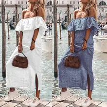 Женское длинное платье-рубашка размера плюс, лето, сексуальное платье с открытыми плечами, вечерние платья для пляжа, однотонное Повседневное платье с оборками