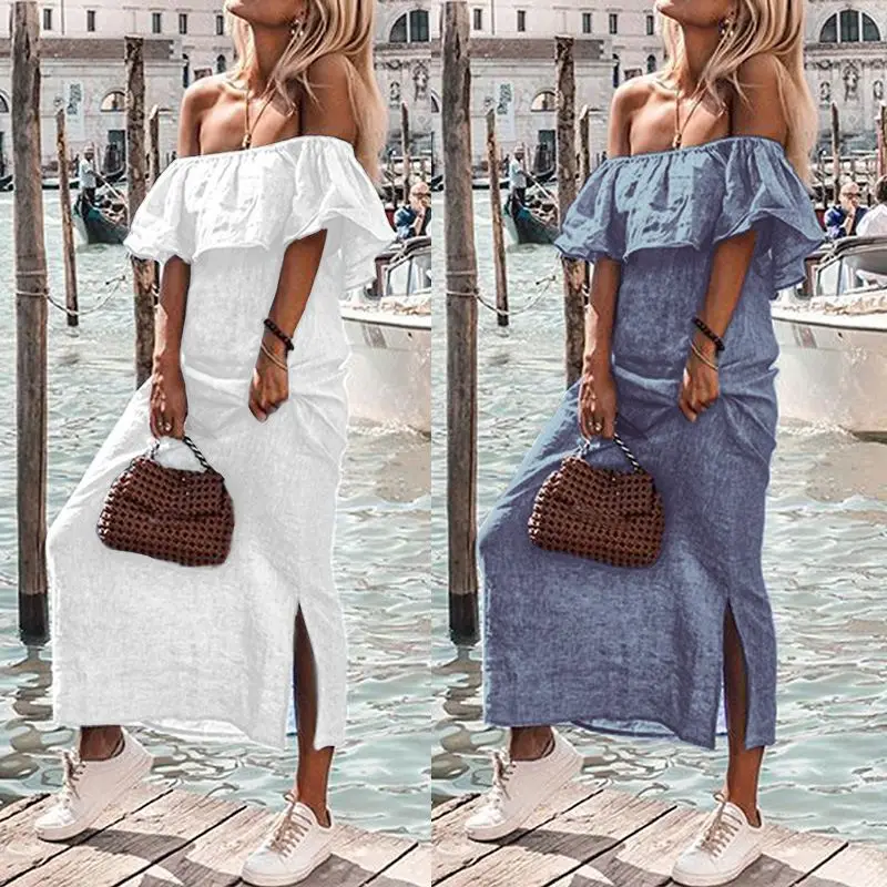

Celmia Plus Size Women Maxi Long Shirt Dress 2019 Summer Sexy Off Shoulder Party Beach Dresses Solid Casual Ruffle Vestidos Robe
