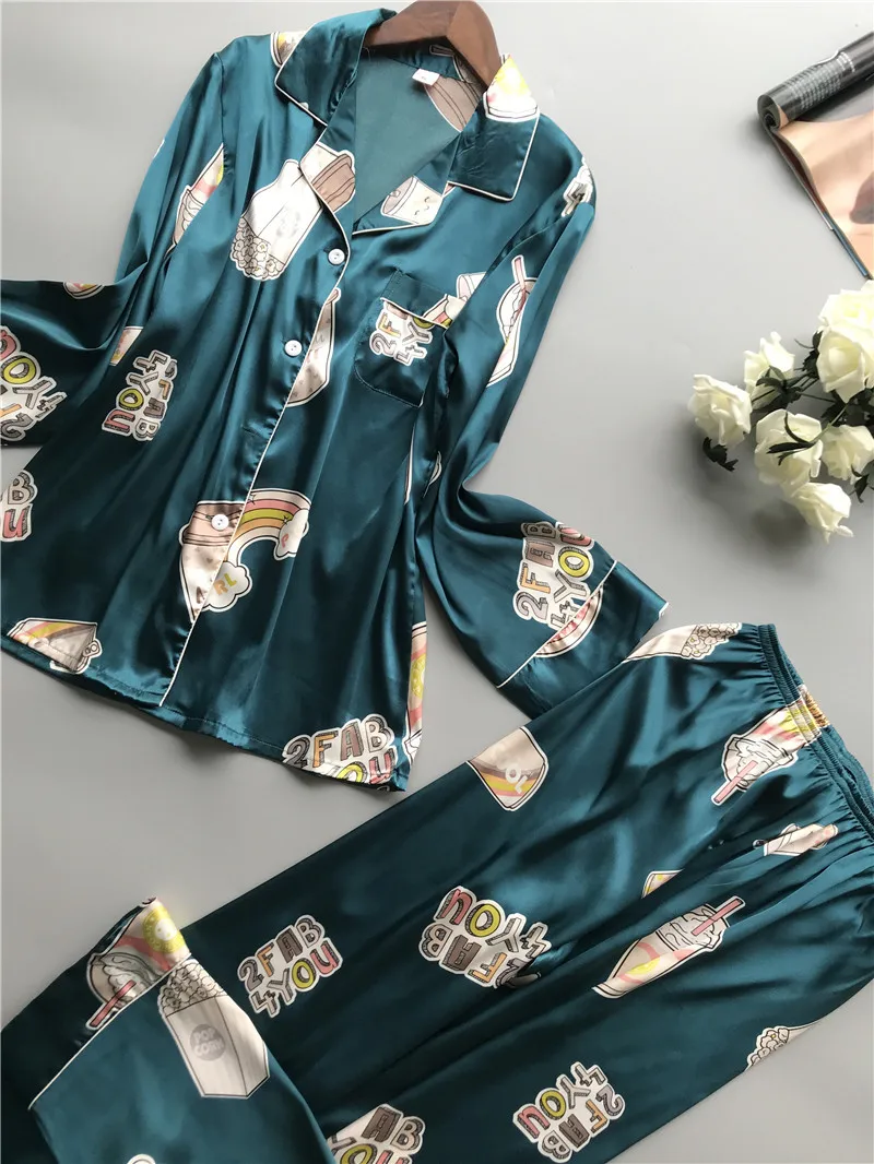 Daeyard весенние женские модные шелковые пижамные комплекты с цветочным принтом, блузка с длинными рукавами и штаны, мягкие пижамы, одежда для сна, милая домашняя одежда