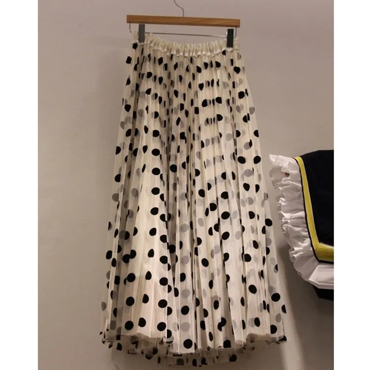 

Fashion 2019 Summer Polka Dot Mesh A-Line Long Skirt Women Vintage High Waist Party Skirts Empire Loose Pleated Skirts