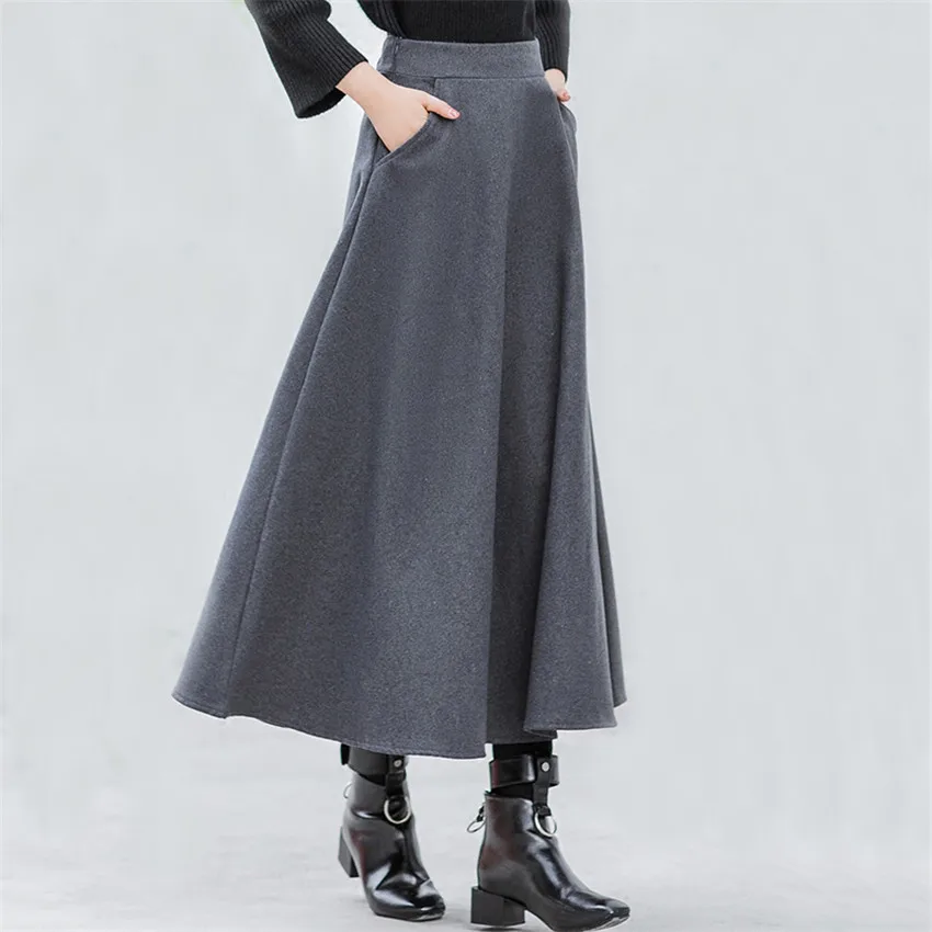 

Autumn Winter Wram Thick Women Woolen Skirt Elastic High Waist Skirts Casual A-line Wool Skirts Female Long Big Swing Skirt A707