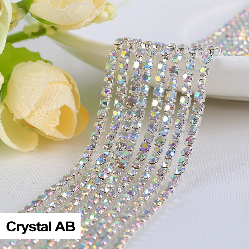 

Crystal AB 3yard Top-Grade Glass Wide Rhinestone Cup Chain Silver Base Trim Applique Sew on Rhinestones For Garments