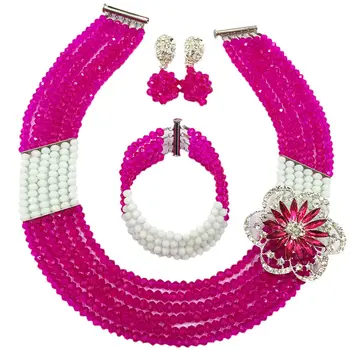 

Fashion Fuchsia Pink White Bead Multi Strands Necklace Nigerian Wedding African Beads Jewelry Set Crystal 6-SS22