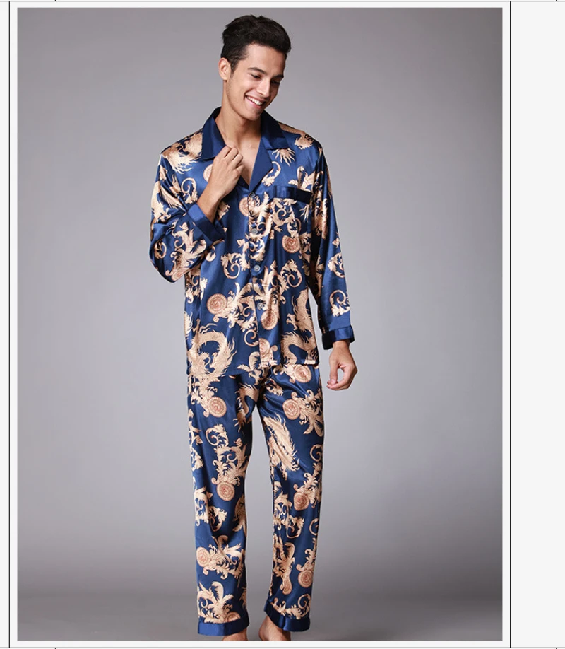 SSH004 High Quality Printed Wedding Mens Pajamas Satin Silk Nightgown Sleepwear Spring Autumn Male Full Sleeves Pants Pajama Set plus size silk pajamas