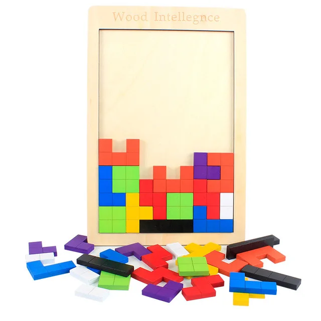 Образования детей головоломка Монтессори деревянный тетрис игра-головоломка геометрической формы слайд флэш-памяти здания головоломки детские игрушки - Цвет: colour