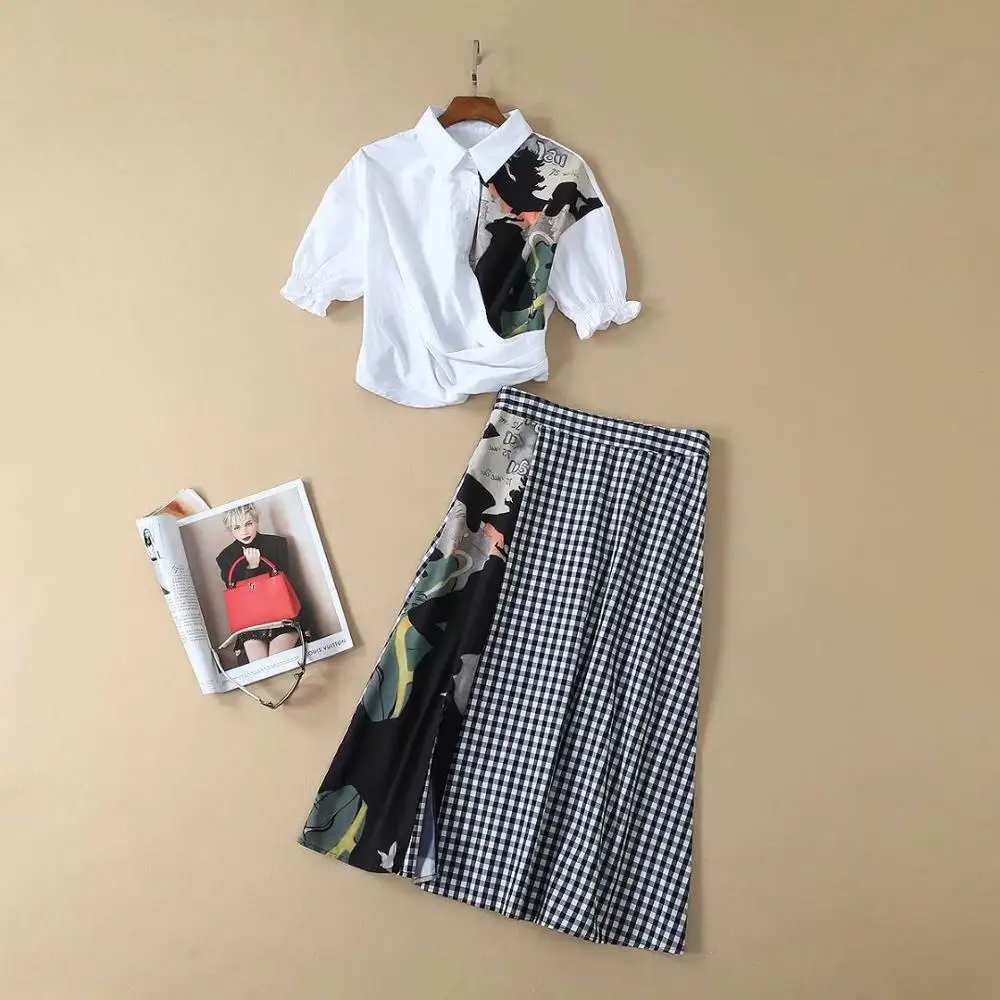 Женские цветные хлопковые белые рубашки с рюшами на талии топ+ трапециевидная клетчатая юбка элегантный комплект из двух предметов брендовая одежда Новинка