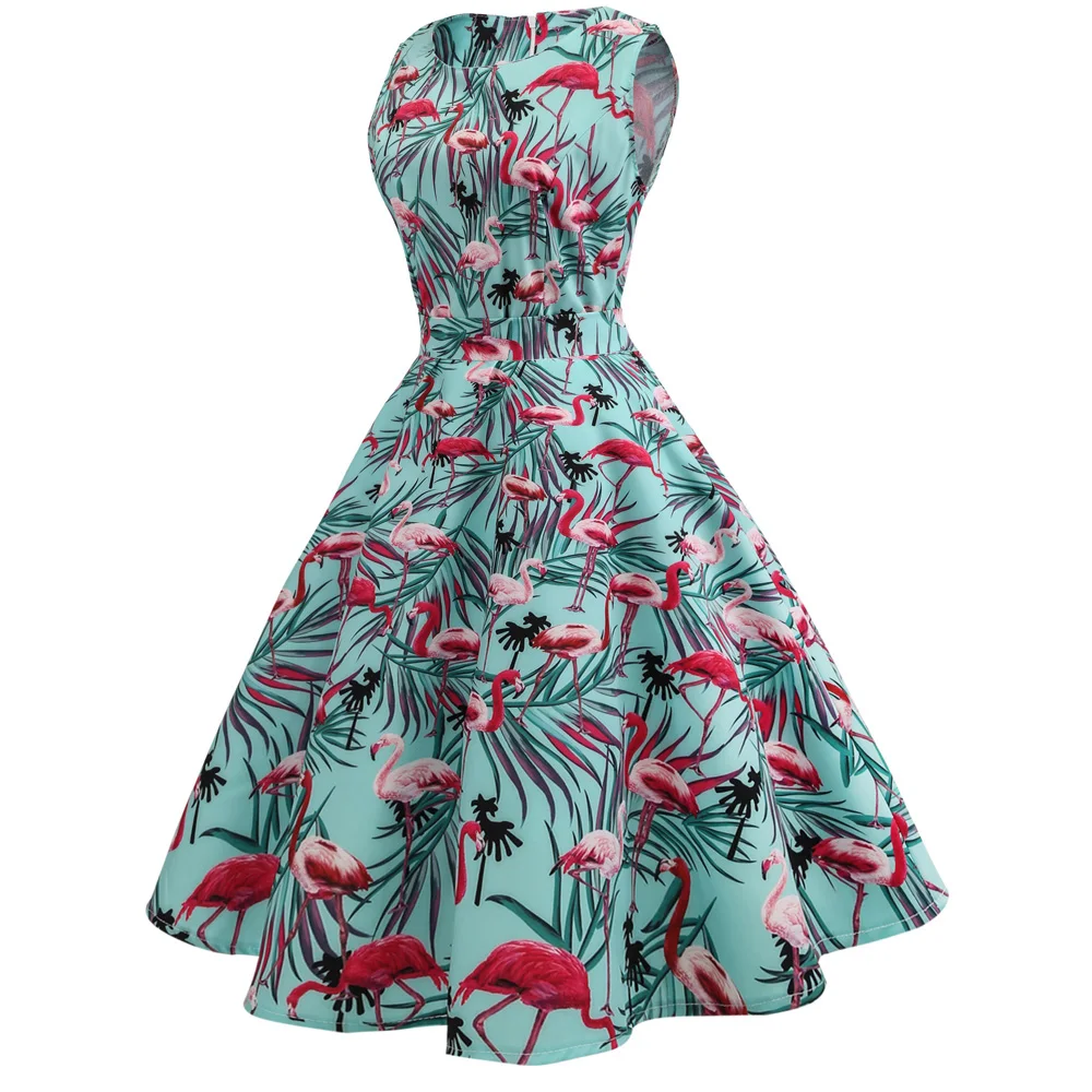 2019 Robe Femme Vintage Pin up Flamingos Printed Dress 50s 60s with ...