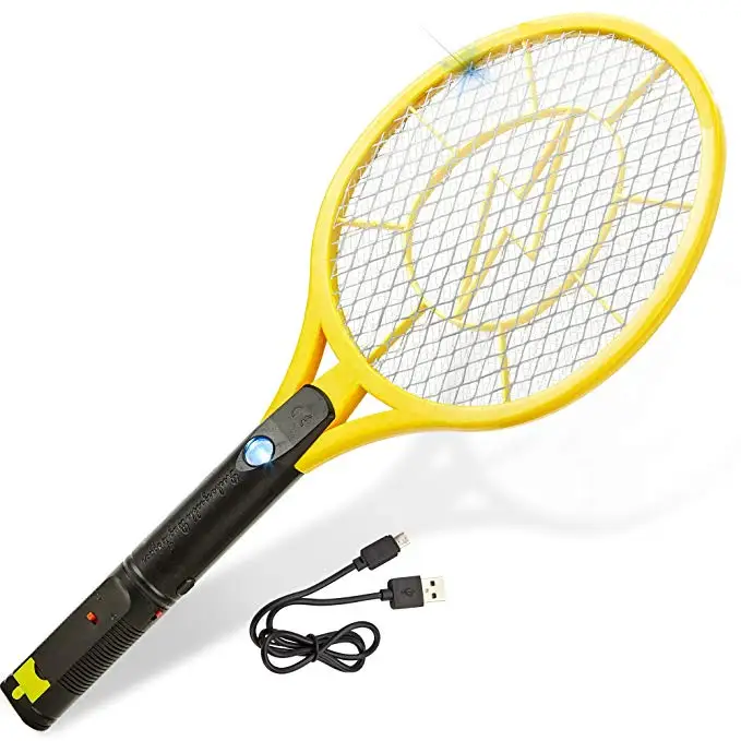 

Electric Fly Swatter Rechargeable Tennis Racket with Safe to Touch Mesh Net and Built In Flashlight Kills Insects