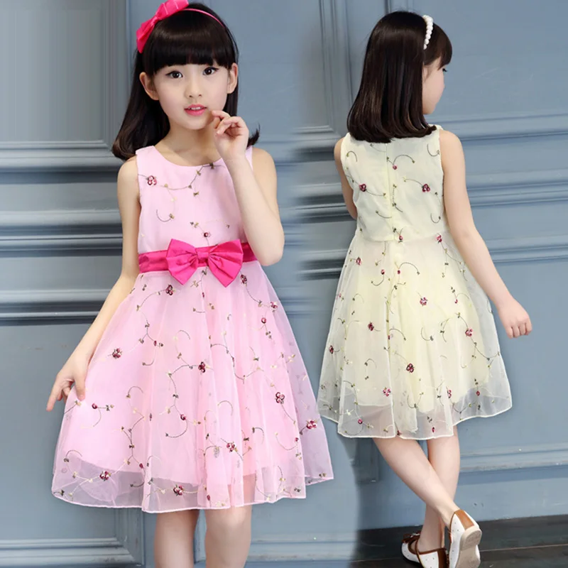 

New Girls Summer Cute Floral Embroidered Bow Dresses For Girls Gauze Mesh Princess Dress 3 4 5 6 7 8 9 10 11 Years Clothing 25