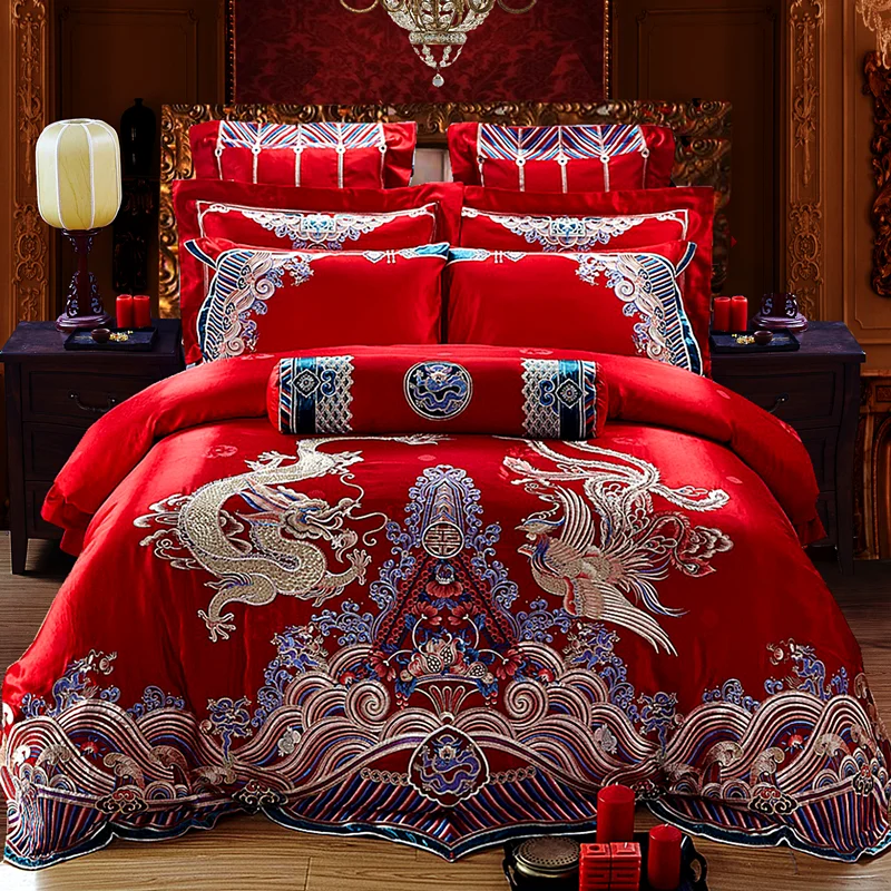 

100% Cotton Red Luxury Duvet Cover Bed Cover Sheet Set Golden Dragon Phoenix Embroidery Pattern Wedding Bedding Set 4/6/9pcs