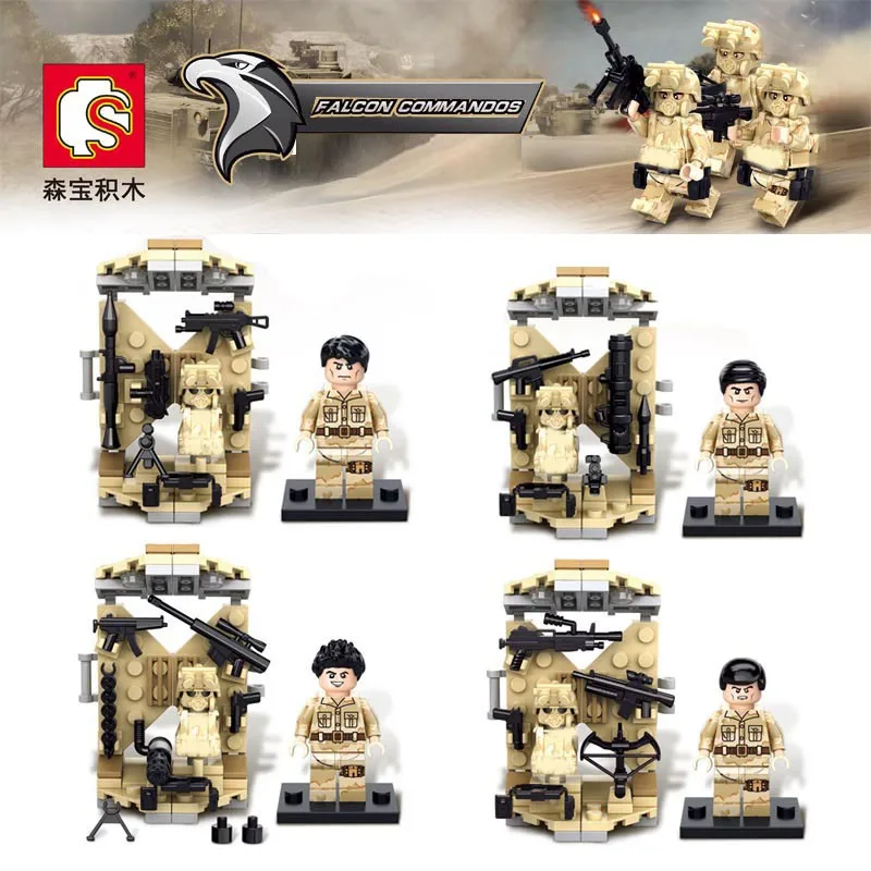 4PCS Desert Falcon Commandos War Army Soldiers Equipment Weapon Gun Building Blocks Compatible font b Legoes