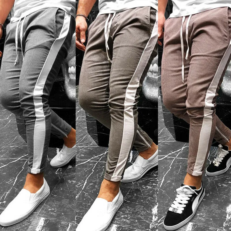 Men Long Pants Striped Elastic High Waist Slim Fit Jogging Plaid Sweat Pants Casual Men Pants Outwear Plus Size