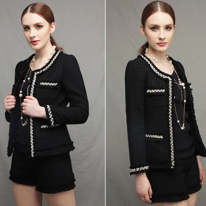 

Two Pieces Tweed Women Suit Set 2019 Autumn Winter Tweed Slim Runway Designer Blazer Fringed Trim Jacket Coat Short Suit Outfits