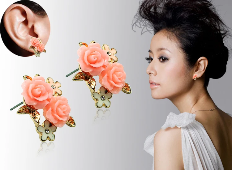 JINGLANG New Fashion Stud Earrings Gold Color Pink Resin Flower For Women Jewelry Gift Free Shipping | Украшения и аксессуары