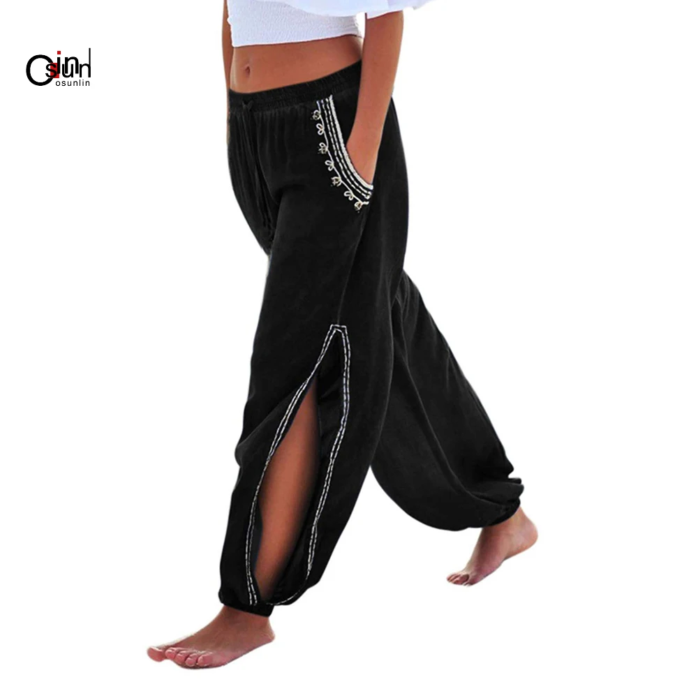 

Osunlin NEW Women Casual Pants Side Slits Wide Leg Pants Loose Harem Pants Elastic Waist Drawstring Beach Trousers With Pockets
