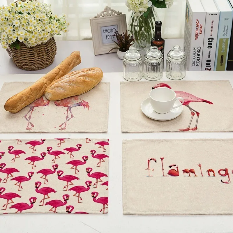 

1Pcs 42*32cm Flamingo Leaf Pattern kitchen Placemat Tea Coasters Dining Table Mat Cup Mats Cotton Linen Pad Home Decor MA0123