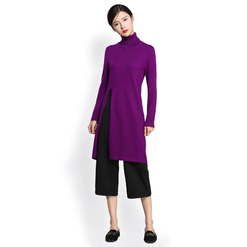 

Turtleneck High Side Slit Long Pullover Knit Dress Solid Color Mid-long Sweaters Slit Chinese Dress Womens Sweater Wool #1285