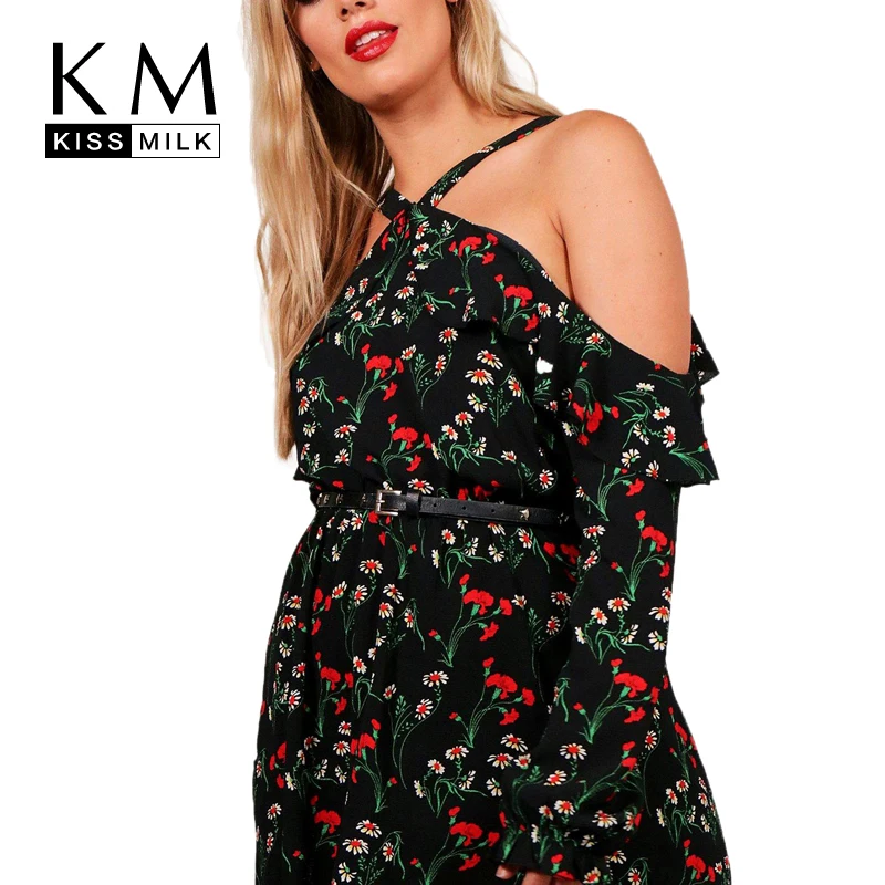 

Kissmilk Plus Size Floral Print Halter Cold Shoulder A Line Dress Women Long Sleeve Ruffles Sweet Hot Knee-Length Dress