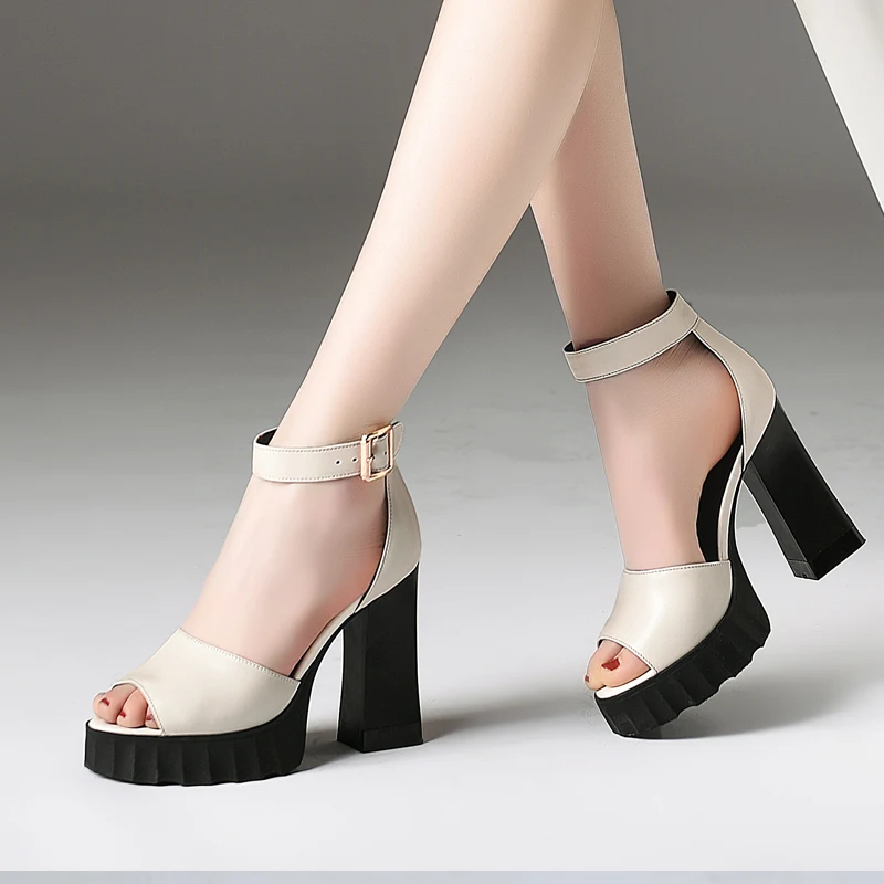 

Women Cow Leather Sandals Square Heel Super High Heels Buckle Strap Platform Sandals Summer Jelly Shoes Solid Sandalias Mujer