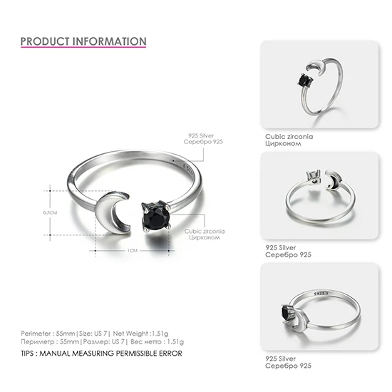 e-Manco 925 Silver Wedding Rings for Women Sterling Silver Open Ring Moon Shape Classic Zircon Fine Jewelry Romantic Love Gifts - Цвет основного камня: EMRG013-2 Black