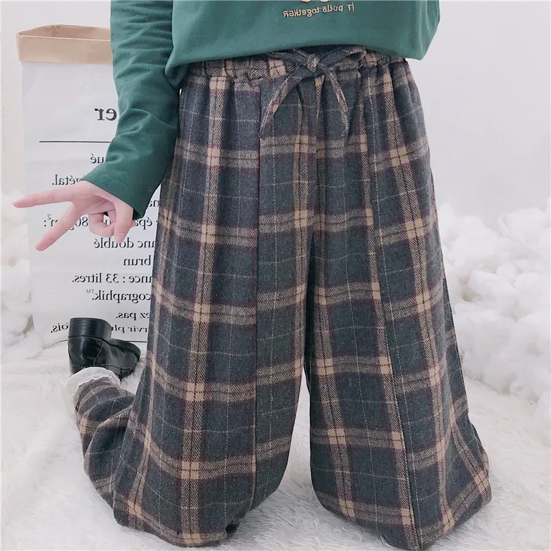Япония Харадзюку женские широкие брюки с высокой талией на шнуровке с бантом винтажные клетчатые брюки в стиле Лолиты милые кавайные консервативные шерстяные капри для девочек