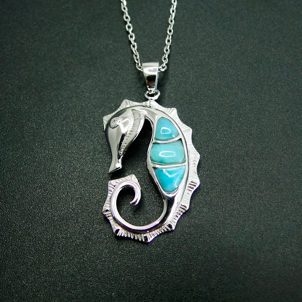

Sleeping Sea Horse Silver Pendant With Larimar Stone Precious 925 Sterling Silver Real Jewelry Gift for the One you Love