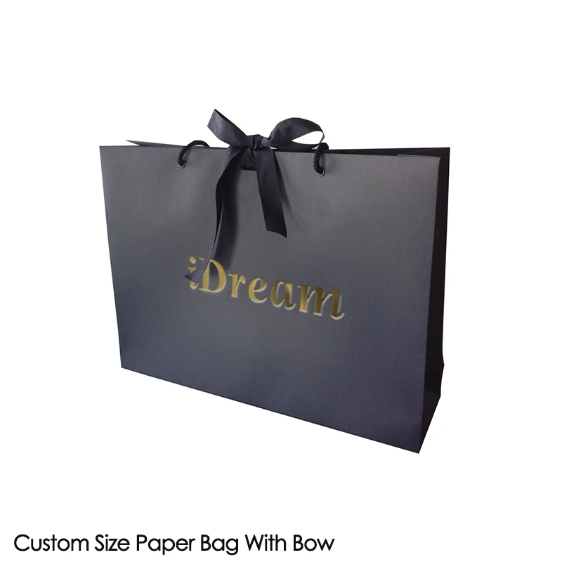 

Custom black matt paper bag designs gold foil logo gift bag with bow