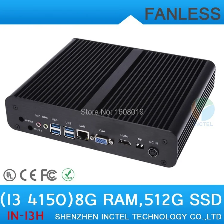 Fanless mini pc desktop computer i3 4150 with Intel Core i3 4150 3.5Ghz HDMI VGA DP Three display 8G RAM 512G SSD Windows Linux