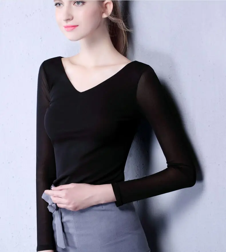 حجم xxxl المرأة الخامس الرقبة سليم لينة الكامل الأكمام تي شيرت سيدة مش مريح مرونة القمم تيز أنثى الأزياء القميص الأساسي