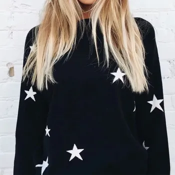 

Fashion 2019 Autumn Long Sleeve Pentagram Casual Pullover Sweaters Women O Neck Black Sweater Loose Knitted Tops