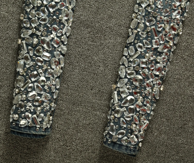 Ручная работа алмазные Стразы джинсы женские вышитые клеш обтягивающие штаны-карандаш стрейч из денима модные вечерние джинсы для офиса