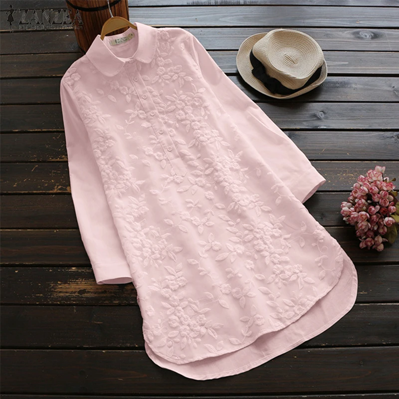 

ZANZEA Plus Size Autumn Winter Shirt Women Lace Floral Embroidery Top Sexy Mini Vestido Casual Buttons Asymmetric Hem Blusas